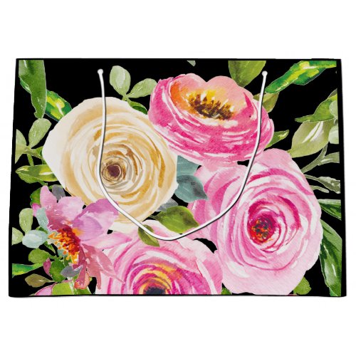 Watercolor Roses in Pink and Cream on Black Large Gift Bag