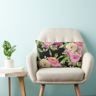 Watercolor Roses in Pink and Cream on Black Lumbar Pillow