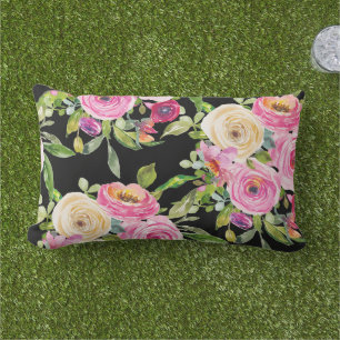 Watercolor Roses in Pink and Cream on Black Lumbar Pillow