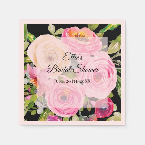 Watercolor Roses in Pink and Cream on Black Napkins