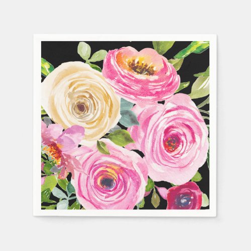 Watercolor Roses in Pink and Cream on Black Napkins