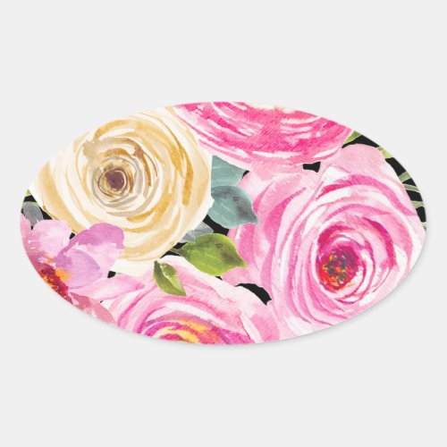 Watercolor Roses in Pink and Cream on Black Oval Sticker