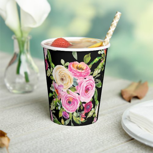 Watercolor Roses in Pink and Cream on Black Paper Cups