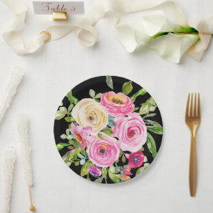 Watercolor Roses in Pink and Cream on Black Paper Plates