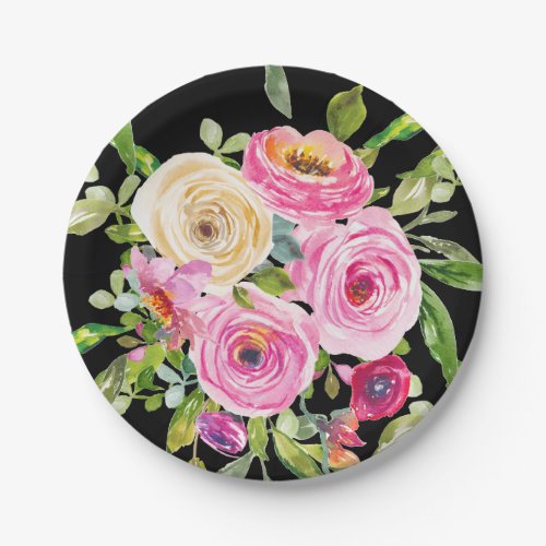 Watercolor Roses in Pink and Cream on Black Paper Plates