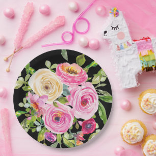 Watercolor Roses in Pink and Cream on Black Paper Plates