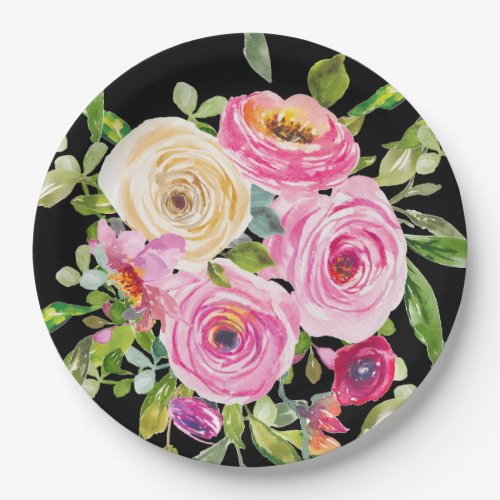 Watercolor Roses in Pink and Cream on Black Paper Plates
