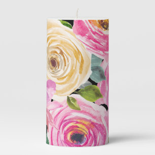 Watercolor Roses in Pink and Cream on Black Pillar Candle