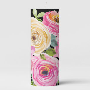 Watercolor Roses in Pink and Cream on Black Pillar Candle