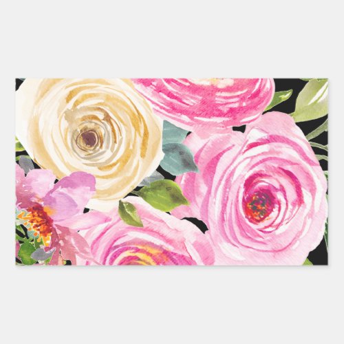 Watercolor Roses in Pink and Cream on Black Rectangular Sticker