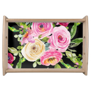 Watercolor Roses in Pink and Cream on Black Serving Tray