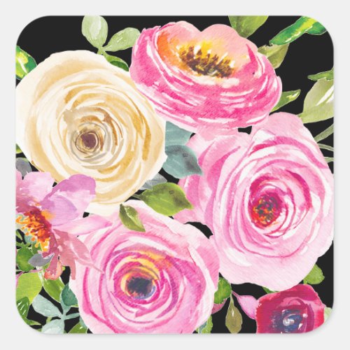 Watercolor Roses in Pink and Cream on Black Square Sticker