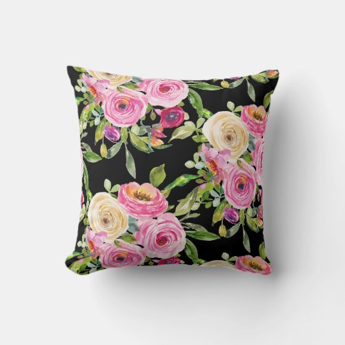 Watercolor Roses in Pink and Cream on Black Throw Pillow