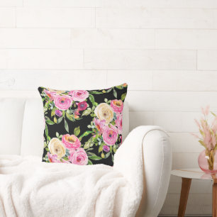 Watercolor Roses in Pink and Cream on Black Throw Pillow
