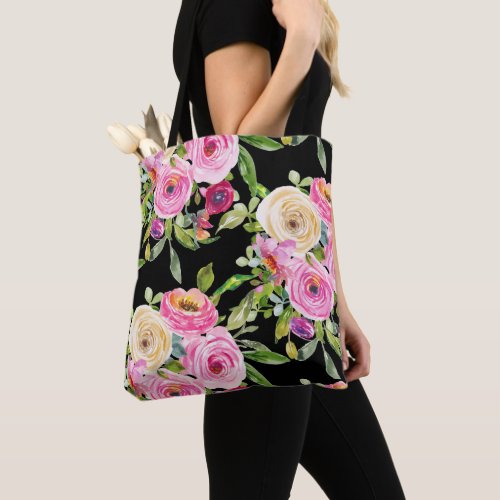 Watercolor Roses in Pink and Cream on Black Tote Bag