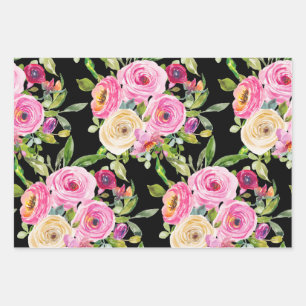 Watercolor Roses in Pink and Cream on Black Wrapping Paper Sheets