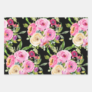 Watercolor Roses in Pink and Cream on Black Wrapping Paper Sheets