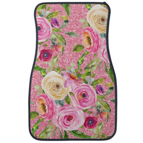 Watercolor Roses in Pink and Cream on Pink Glitter Car Floor Mat