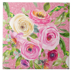 Watercolor Roses in Pink and Cream on Pink Glitter Ceramic Tile