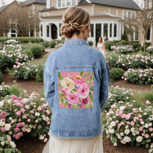 Watercolor Roses in Pink and Cream on Pink Glitter Denim Jacket