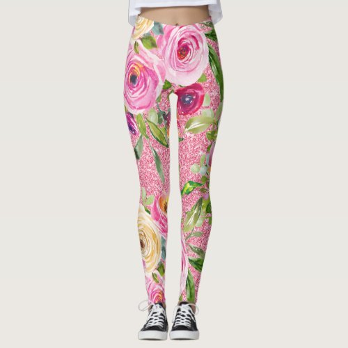 Watercolor Roses in Pink and Cream on Pink Glitter Leggings