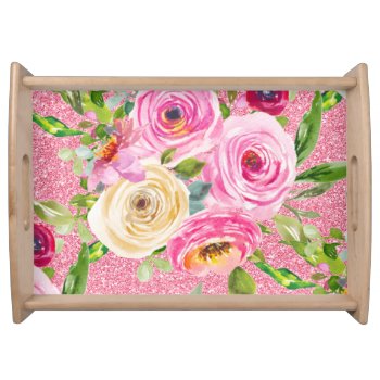 Watercolor Roses In Pink And Cream On Pink Glitter Serving Tray by Mistflower at Zazzle