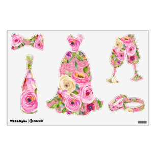 Watercolor Roses in Pink and Cream on Pink Glitter Wall Decal