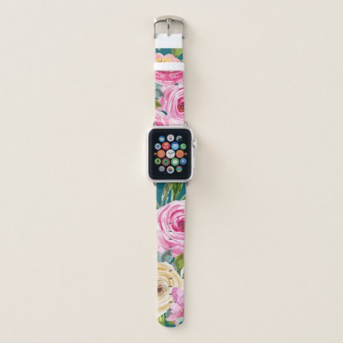 Watercolor Roses in Pink and Cream on Teal Apple Watch Band