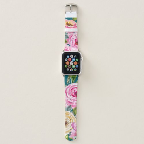 Watercolor Roses in Pink and Cream on Teal Apple Watch Band