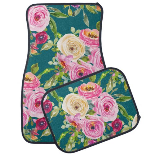 Watercolor Roses in Pink and Cream on Teal Car Floor Mat