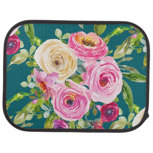 Watercolor Roses in Pink and Cream on Teal Car Floor Mat