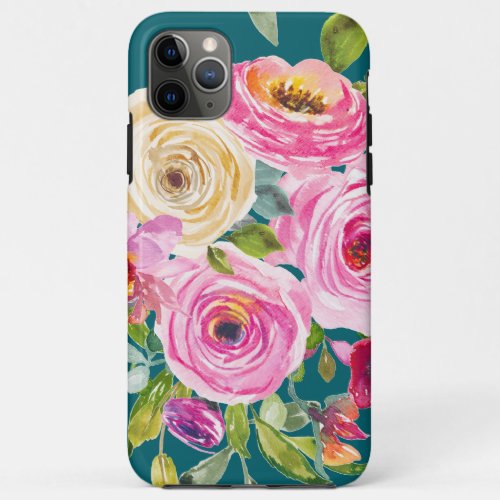 Watercolor Roses in Pink and Cream on Teal iPhone 11 Pro Max Case