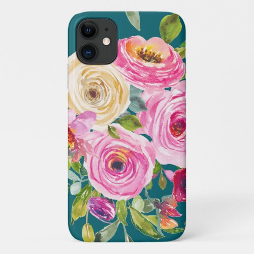 Watercolor Roses in Pink and Cream on Teal iPhone 11 Case