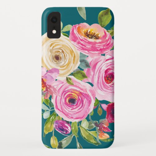 Watercolor Roses in Pink and Cream on Teal iPhone XR Case