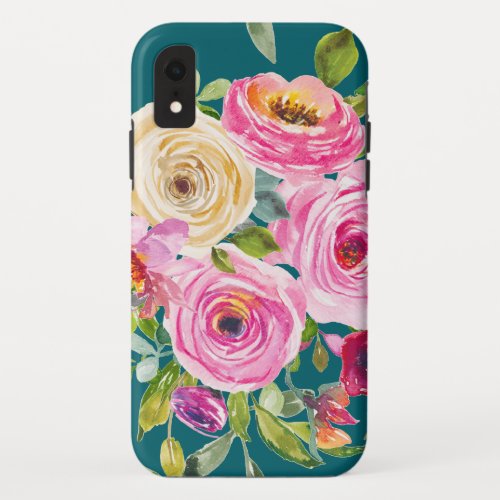 Watercolor Roses in Pink and Cream on Teal iPhone XR Case