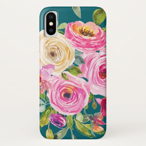 Watercolor Roses in Pink and Cream on Teal iPhone XS Case