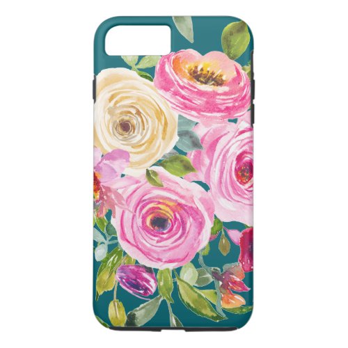 Watercolor Roses in Pink and Cream on Teal iPhone 8 Plus7 Plus Case