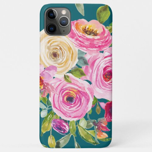 Watercolor Roses in Pink and Cream on Teal iPhone 11 Pro Max Case