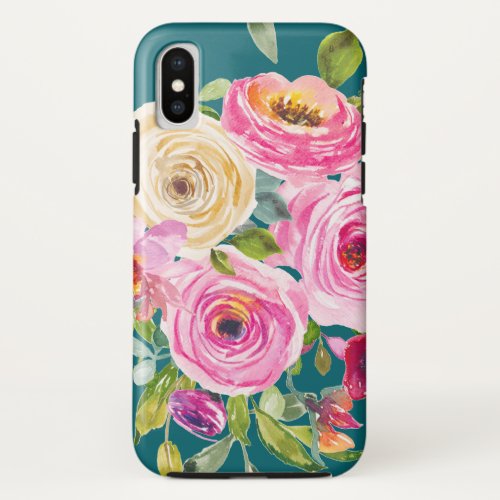 Watercolor Roses in Pink and Cream on Teal iPhone X Case