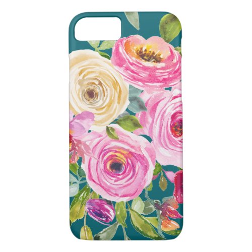 Watercolor Roses in Pink and Cream on Teal iPhone 87 Case