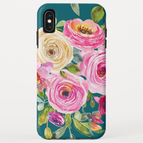 Watercolor Roses in Pink and Cream on Teal iPhone XS Max Case