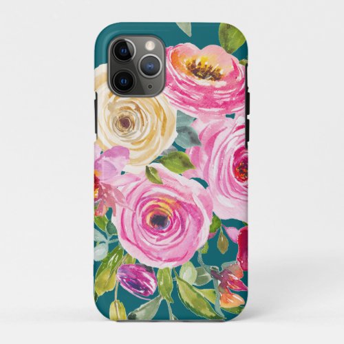 Watercolor Roses in Pink and Cream on Teal iPhone 11 Pro Case
