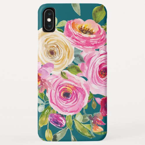 Watercolor Roses in Pink and Cream on Teal iPhone XS Max Case