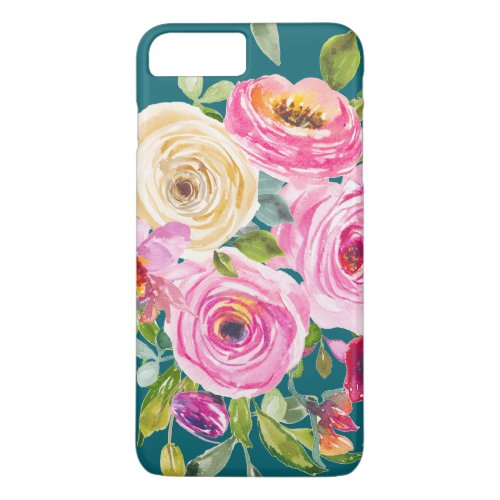 Watercolor Roses in Pink and Cream on Teal iPhone 8 Plus7 Plus Case