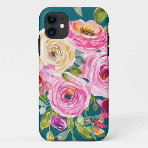 Watercolor Roses in Pink and Cream on Teal iPhone 11 Case