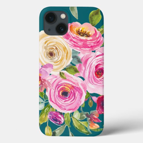 Watercolor Roses in Pink and Cream on Teal iPhone 13 Case
