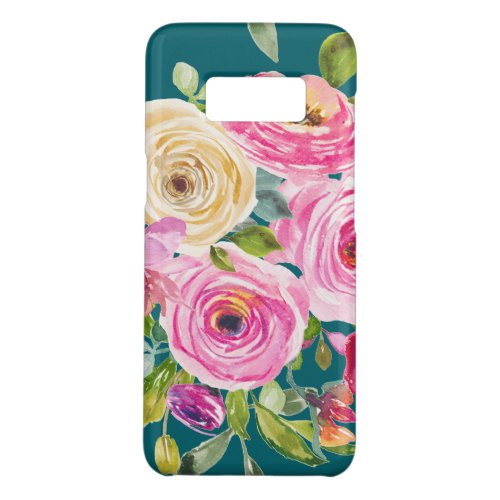 Watercolor Roses in Pink and Cream on Teal Case_Mate Samsung Galaxy S8 Case
