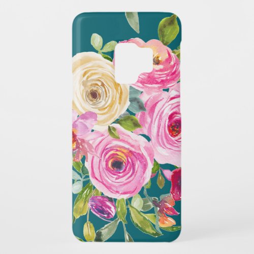 Watercolor Roses in Pink and Cream on Teal Case_Mate Samsung Galaxy S9 Case