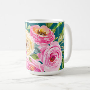 Watercolor Roses in Pink and Cream on Teal Coffee Mug