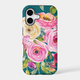 Watercolor Roses in Pink and Cream on Teal iPhone 17 Case